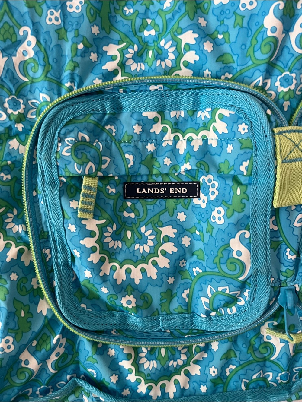 Lands' End Blue Floral Tote, Approx 20”w x 19”h x 5”d